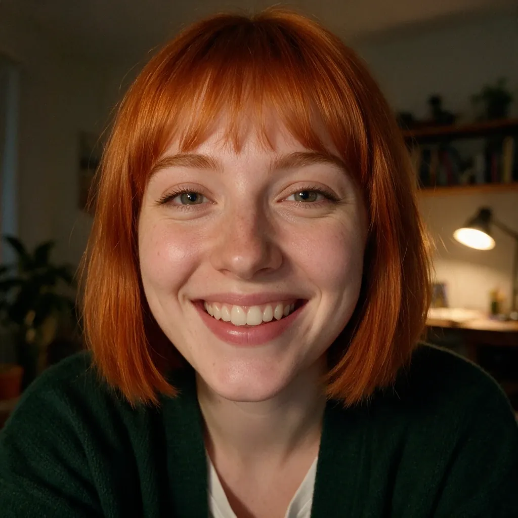 A woman with a red bob laughs into her camera in a warmly lit room.