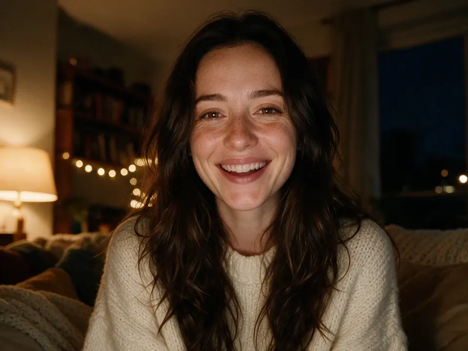 A woman with long, tousled hair laughs into her camera on a sofa in a lamp-lit room.